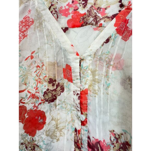 Eddie Bauer Womens Floral Button-Up Blouse Top Size MP Multicolor Sheer Boho - Picture 6 of 14